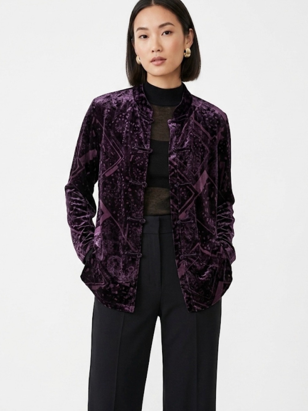 Vintage Coldwater Creek Velvet Blouse – Purple Patterned Toggle Tunic Top M